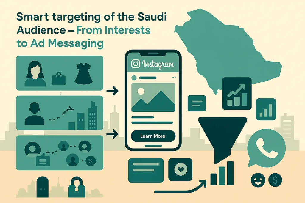Infographic showing smart targeting for Instagram Paid Ad in Saudi Arabia with audience segments, phone mockup, funnel, WhatsApp icon and KSA map.