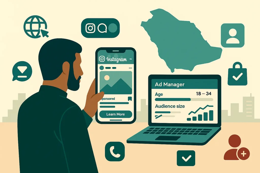مسوّق سعودى يدير حملات اعلان ممول انستقرام من الجوال واللاب توب مع لوحة Ad Manager وخريطة السعودية فى الخلفية.