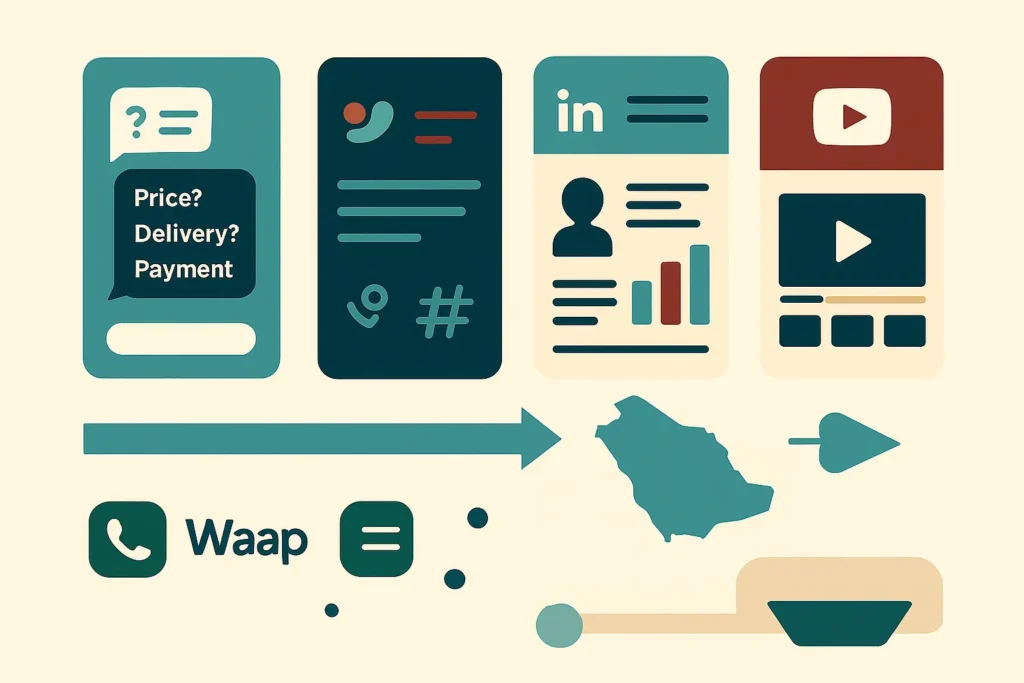 Infographic showing WhatsApp, X, LinkedIn, and YouTube working together as paid ads suited channels guiding Saudi customers to purchase.