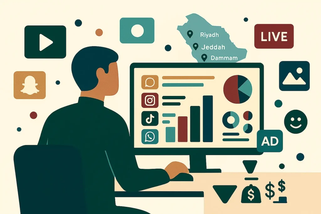 Saudi marketer analyzing social media dashboards with Riyadh, Jeddah, and Dammam map icons, choosing paid ads suited to the Saudi market.