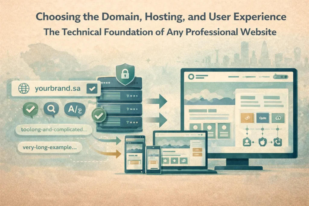 Infographic showing how to create a website in Saudi Arabia: choosing the right domain, secure hosting and responsive UX across all devices.