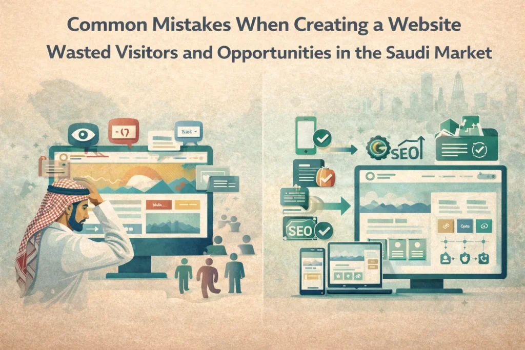 Illustration comparing common mistakes when you create a website in Saudi Arabia with an optimized, SEO-friendly site that turns visitors into clients.
