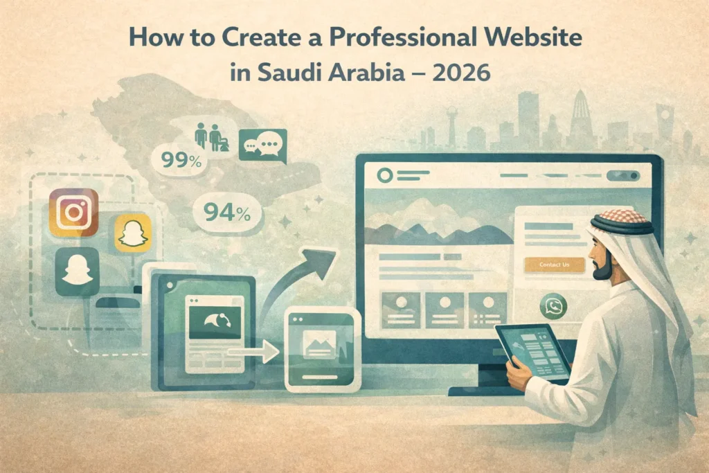 رأس صورة لدليل 2026 يوضح كيف انشاء موقع الكتروني احترافى فى السعودية، مع صاحب عمل سعودى يبنى موقعه ويحوّل المتابعين إلى زيارات.