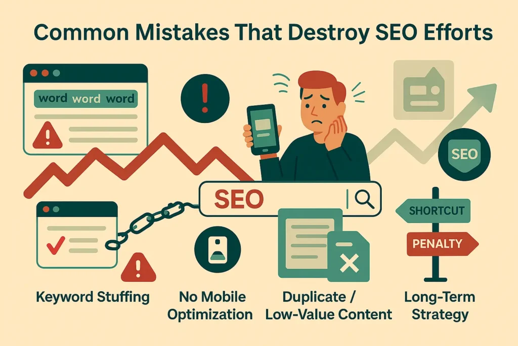 إنفوجرافيك يوضح أخطاء شائعة تدمر تحسين محركات البحث (seo) مثل حشو الكلمات المفتاحية وتجاهل الموبايل وتكرار المحتوى والاعتماد على حيل سريعة.