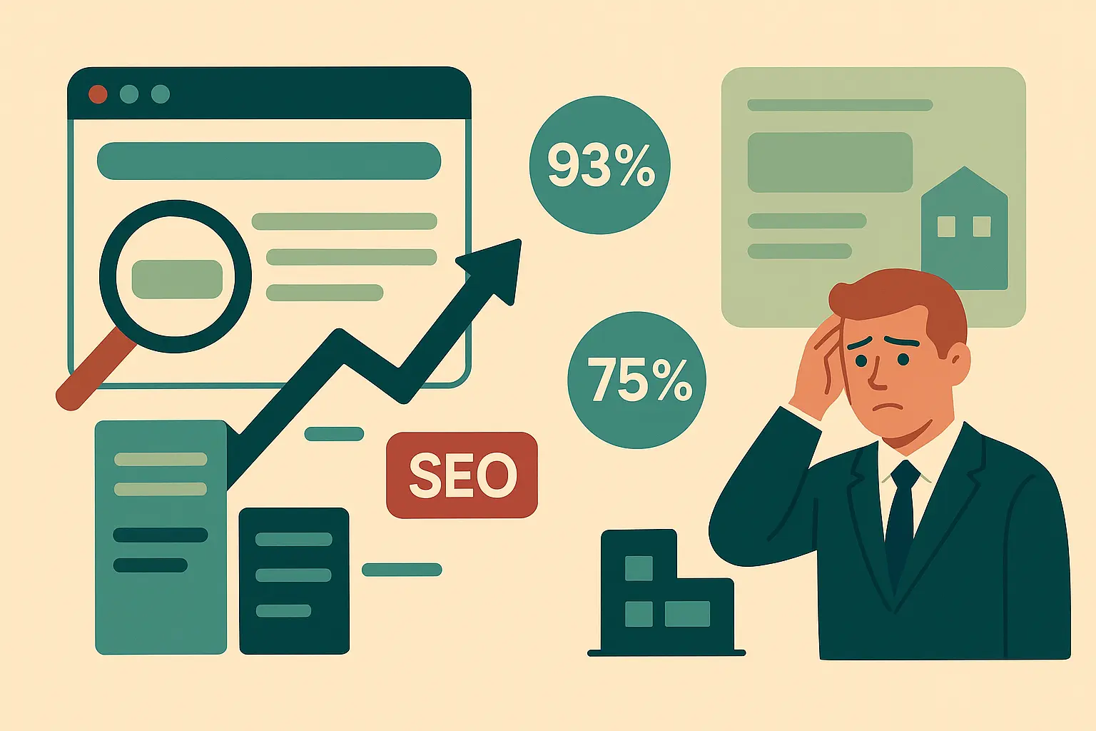 إنفوجرافيك يوضح تأثيرتحسين محركات البحث (seo) على ترتيب نتائج البحث مع أرقام 93% و75% وشركة تخسر العملاء بسبب ضعف الظهور.