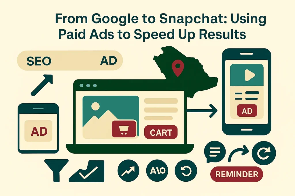 إنفوجرافيك يوضح تسويق متجرك الالكتروني في السعودية من إعلانات Google وSnapchat إلى صفحة المنتج وسلة الشراء مع تذكير بالعربة.