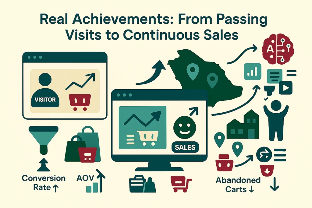 إنفوجرافيك يوضح كيف يتحول متجر إلكتروني من زيارات عابرة إلى مبيعات مستمرة عبر تسويق متجرك الالكتروني مع رفع معدل التحويل وتقليل سلات الشراء المتروكة.