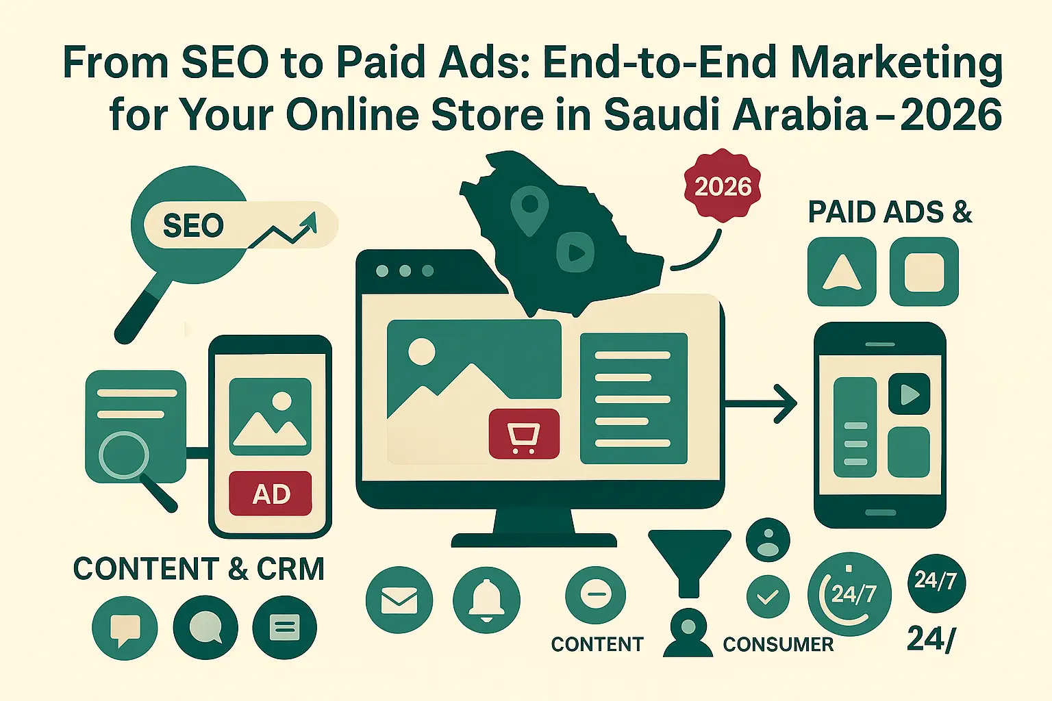 إنفوجرافيك يشرح استراتيجية تسويق متجرك الالكتروني في السعودية من SEO والإعلانات المدفوعة إلى المحتوى وCRM لتحويل المتجر إلى مبيعات 24/7.