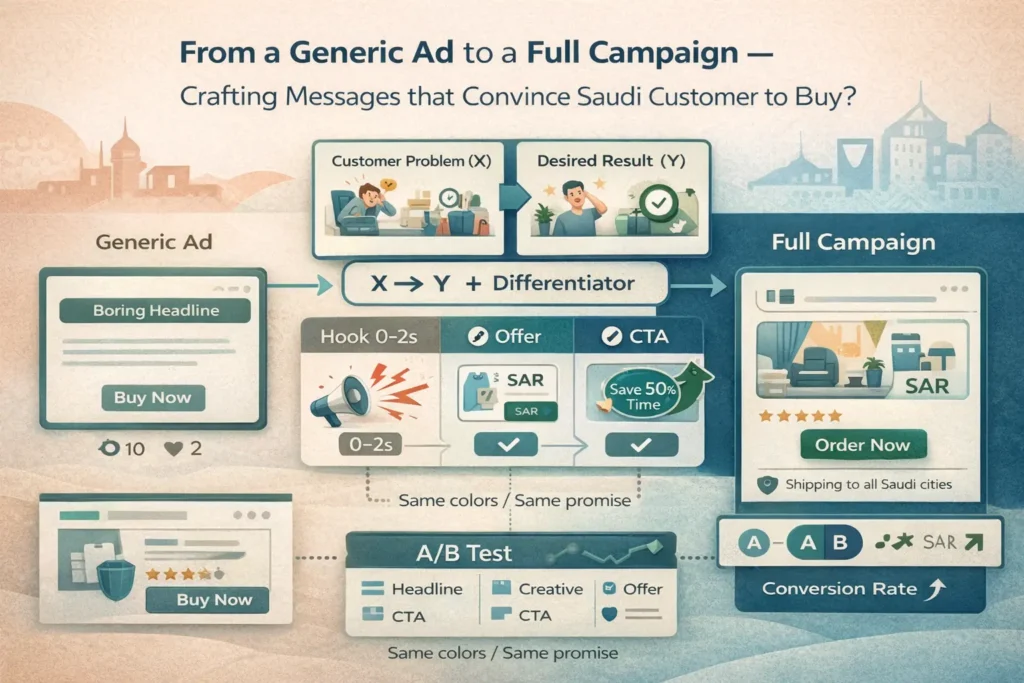 Advertising and promotion message framework for Saudi online stores: move from a generic ad to a full campaign using hook (0–2s), offer, CTA, and A/B testing.