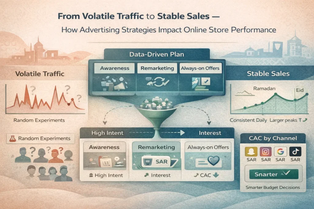Advertising and promotion plan for Saudi online stores: shift from volatile traffic to stable sales using awareness, remarketing, always-on offers, and CAC by channel.