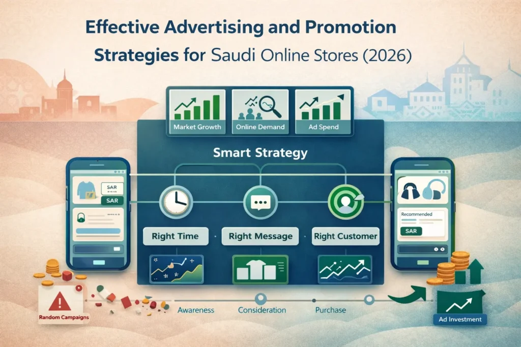 لوحة توضح دعايه واعلان للمتاجر الإلكترونية السعودية: الوقت المناسب، الرسالة المناسبة، العميل المناسب، ومسار من الوعي حتى الشراء.