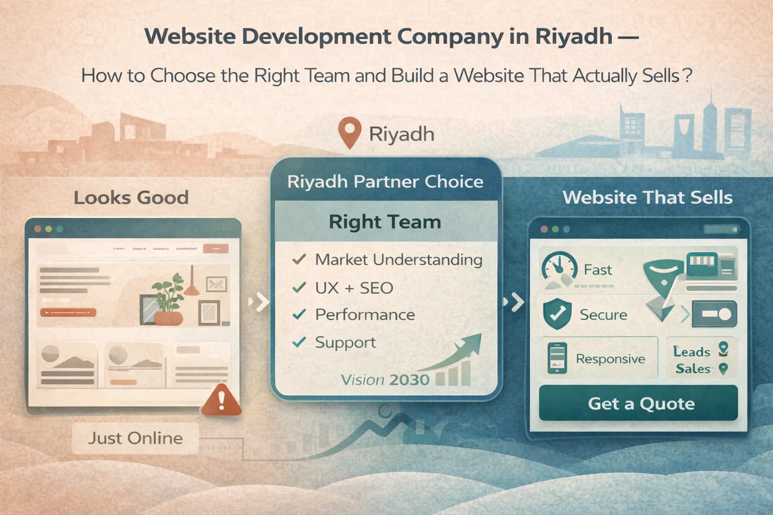 مقارنة لاختيار شركة تطوير مواقع في الرياض: موقع “شكله جميل” مقابل “موقع يبيع” سريع وآمن ومتجاوب مع زر CTA واضح مثل “Get a Quote”.