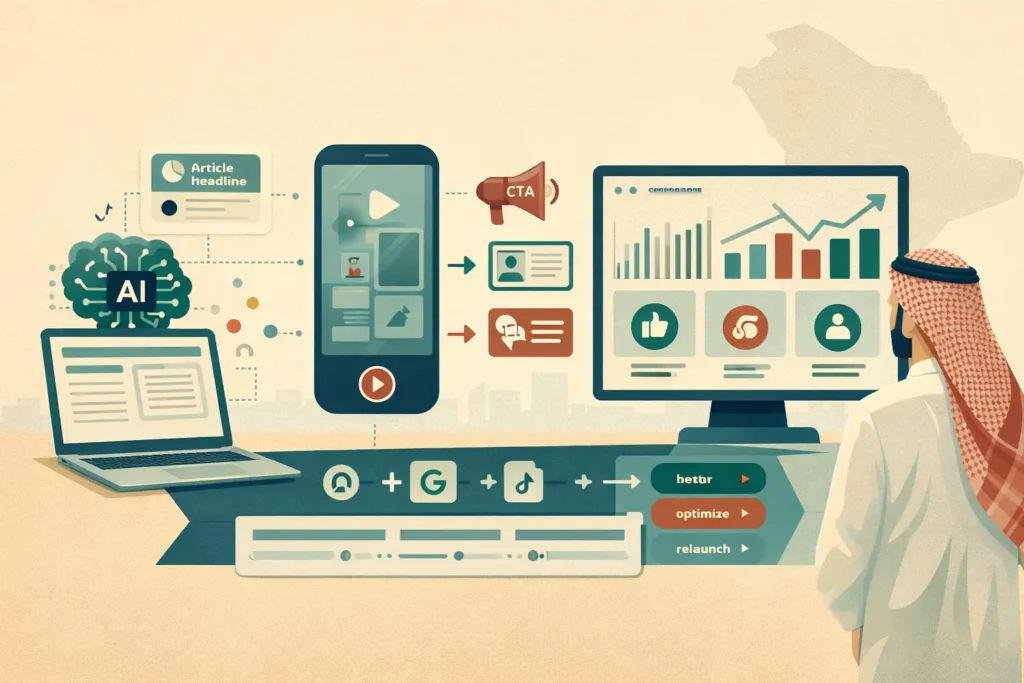 Saudi entrepreneur uses AI dashboards, a laptop, and phone to turn data into content, ads and reports as an AI-powered product marketing method.