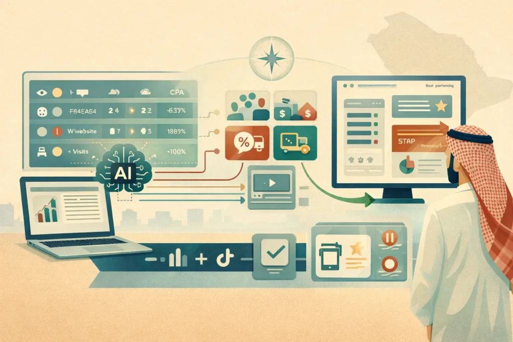 Saudi marketer reviewing AI dashboards that turn campaign numbers into clear insights and actions, visualising a data-driven product marketing method.