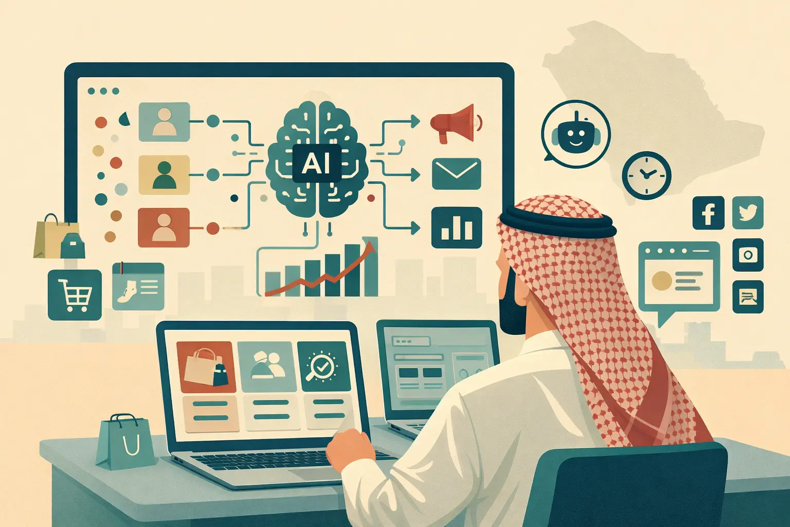 رائد أعمال سعودى يستخدم أدوات الذكاء الاصطناعى ولوحات بيانات لتطبيق طريقة تسويق منتج وزيادة مبيعات متجره الإلكترونى.
