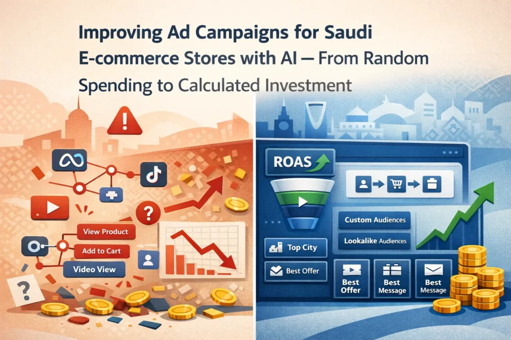 Saudi e-commerce stores move from random ad spend to AI-optimized campaigns, showing ROAS, pixel events, and sales growth.