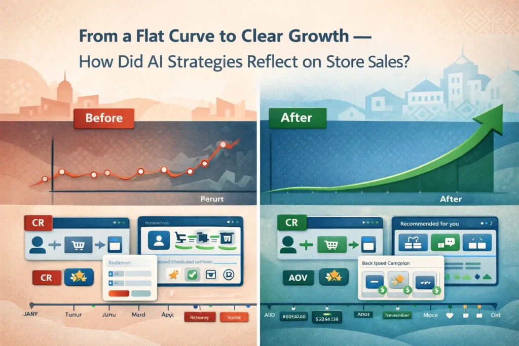 Saudi e-commerce stores boost sales with AI: before/after growth curve, higher conversion rate (CR), higher AOV, and steadier year-round performance.