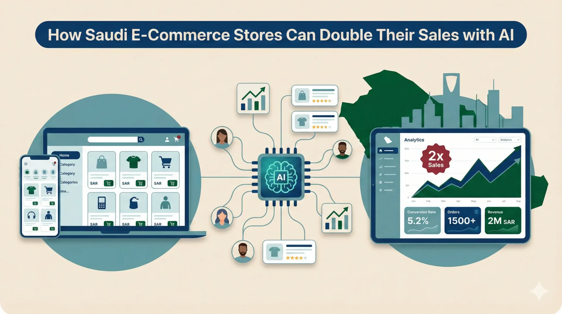 الذكاء الاصطناعي يساعد متاجر الكترونية سعودية على مضاعفة المبيعات عبر توصيات ذكية وتحليلات أداء ولوحة نمو الإيرادات.