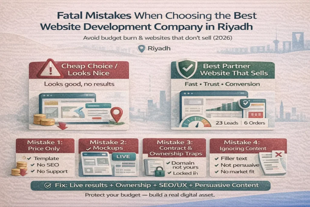 Infographic: Fatal mistakes when choosing the Best Website Development Company in Riyadh—price-only choice, mockups, ownership traps, ignoring content.