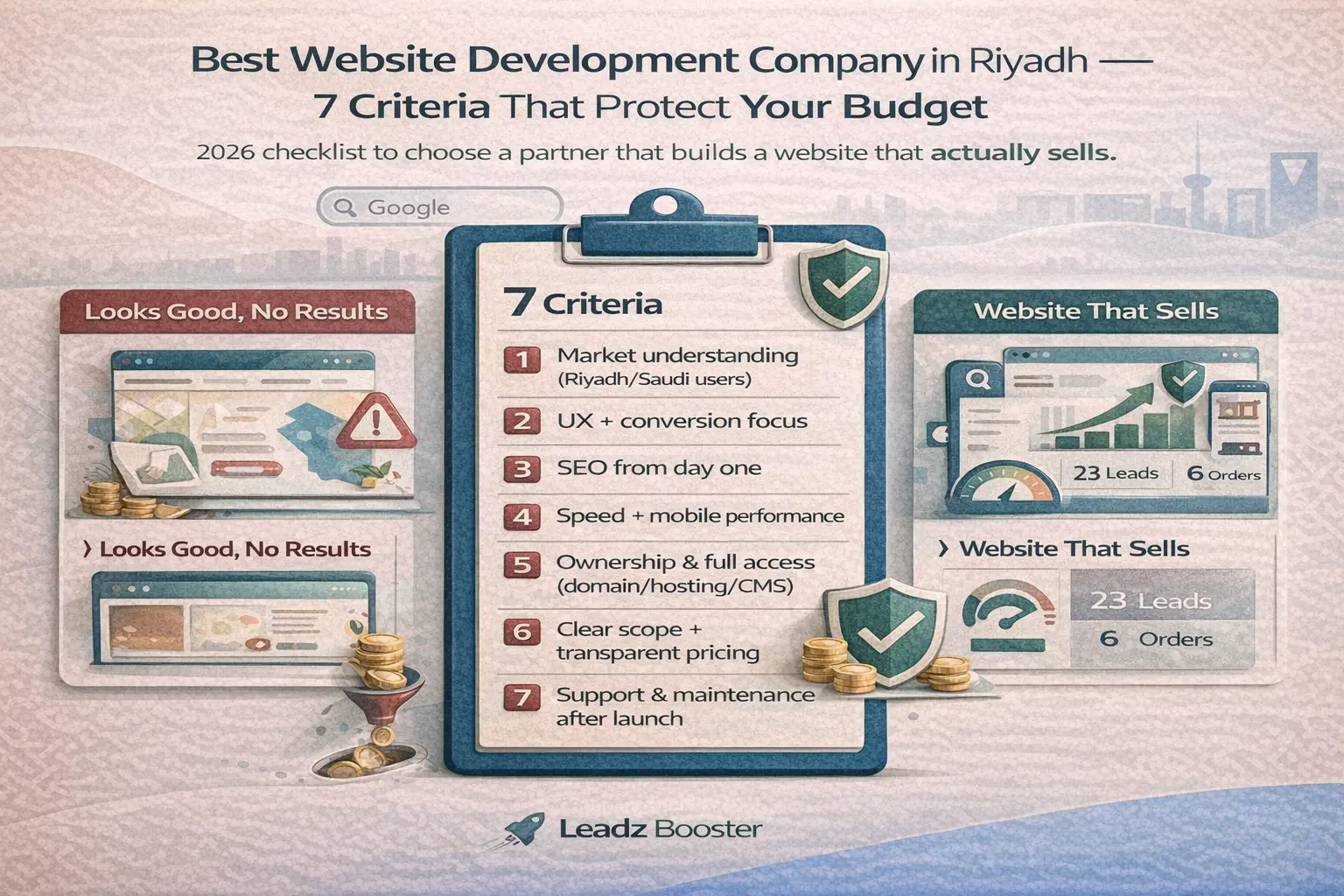 إنفوجرافيك يشرح أفضل شركة تطوير مواقع بالرياض عبر 7 معايير لحماية الميزانية (فهم السوق، UX/تحويل، SEO، سرعة، ملكية، تسعير واضح، دعم بعد الإطلاق).