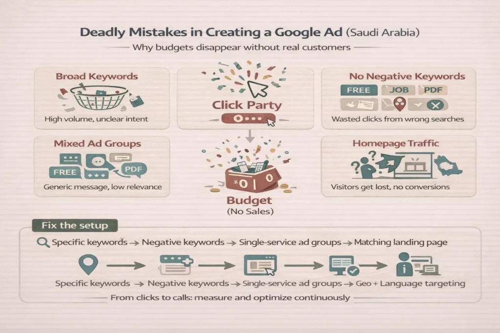 Deadly mistakes in creating a Google Ad: broad keywords, no negatives, mixed ad groups, homepage traffic, and poor targeting that waste budget in Saudi Arabia.