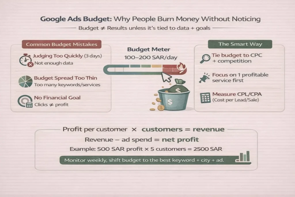 Infographic on creating a Google Ad budget: common spend mistakes vs smart planning, linking budget to CPC, goals, and CPL/CPA to drive real sales.