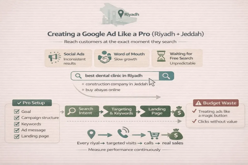 إنفوجرافيك عن انشاء اعلان جوجل في الرياض وجدة: إعداد احترافي، نية البحث→كلمات مفتاحية→صفحة هبوط، وتحذير من هدر الميزانية.