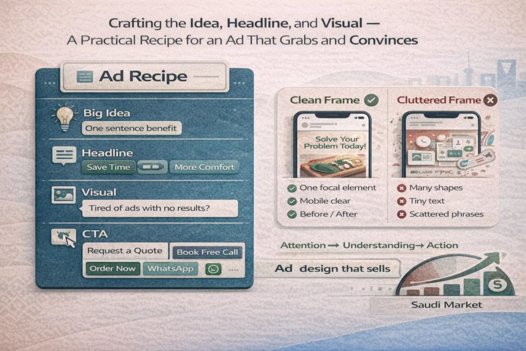 Ad design recipe infographic: Big Idea, Headline, Visual, and CTA, plus a Clean Frame vs Cluttered Frame comparison for stronger conversions in Saudi Arabia.