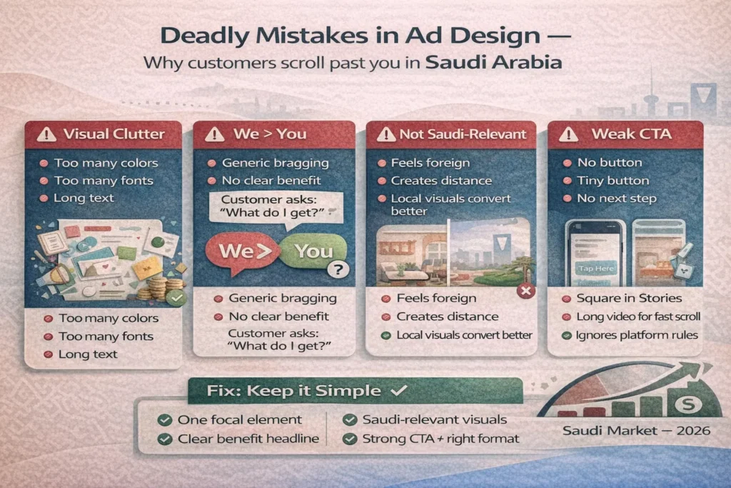 Infographic on Ad design mistakes in Saudi Arabia: visual clutter, “we>you” messaging, non-local visuals, and weak CTA—plus a simple fix checklist.