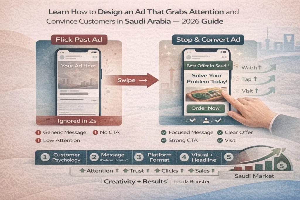 إنفوجرافيك عن تصميم إعلان بالسعودية (2026): إعلان يُتخطّى مقابل إعلان يوقف الانتباه ويحوّل، مع 5 خطوات: النفسية، الرسالة، الصيغة، المرئيات، CTA.