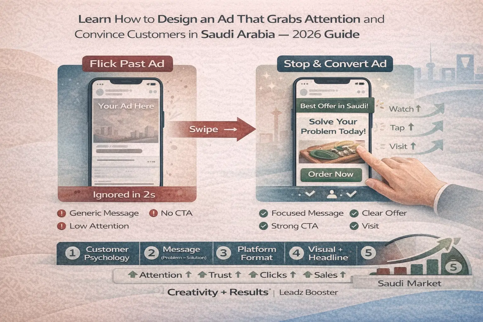 إنفوجرافيك عن تصميم إعلان بالسعودية (2026): إعلان يُتخطّى مقابل إعلان يوقف الانتباه ويحوّل، مع 5 خطوات: النفسية، الرسالة، الصيغة، المرئيات، CTA.
