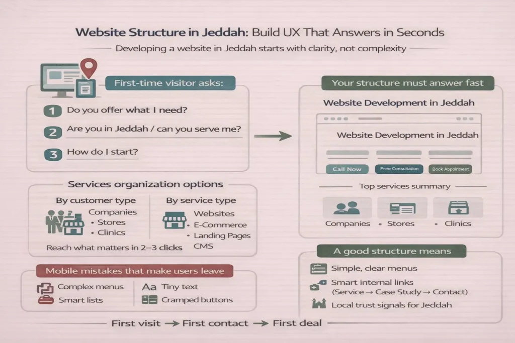 Developing a website in Jeddah infographic: UX structure that answers fast, clear homepage message, service organization, mobile best practices, and smart internal links.