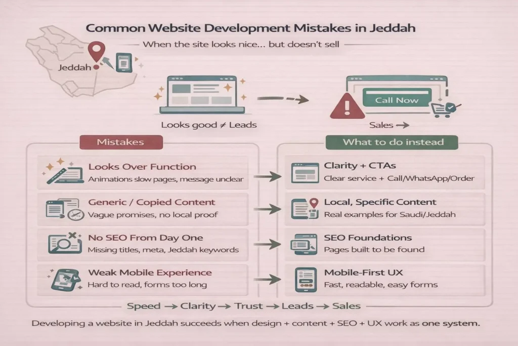 Developing a website in Jeddah infographic: common mistakes—looks over function, copied content, no SEO from day one, and weak mobile UX—plus fixes.