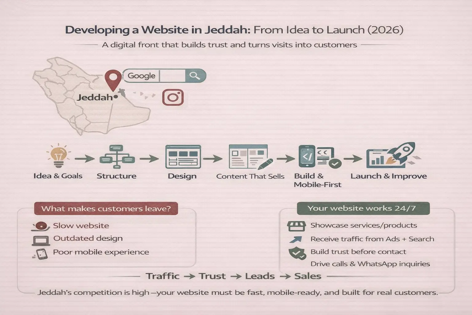 إنفوجرافيك عن تطوير موقع إلكتروني في جدة: خارطة طريق 2026 من الفكرة للإطلاق، تصميم وهيكلة، محتوى يبيع، بناء موبايل أولًا، ثم تحسين مستمر.