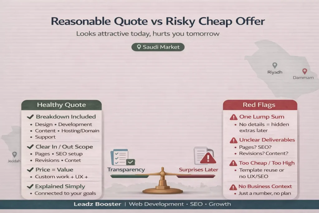 Website Development Cost infographic for Saudi Arabia comparing a reasonable quote vs a risky cheap offer, with transparency checklist and red-flag warnings.