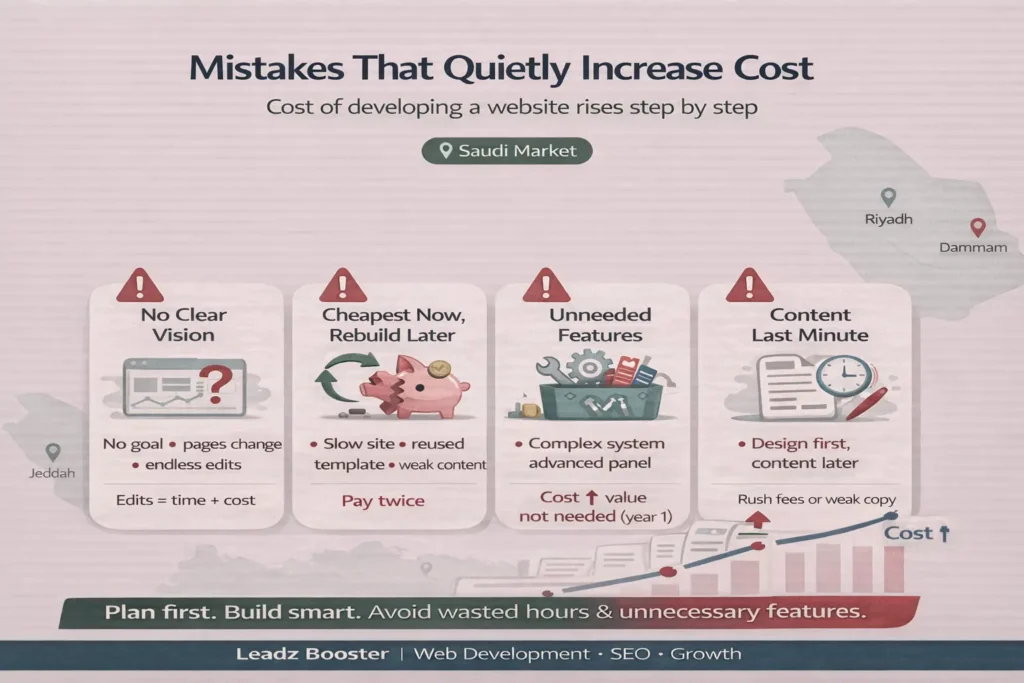 Website Development Cost infographic for Saudi Arabia showing 4 mistakes that raise cost: no clear vision, cheapest then rebuild, unneeded features, and last-minute content.