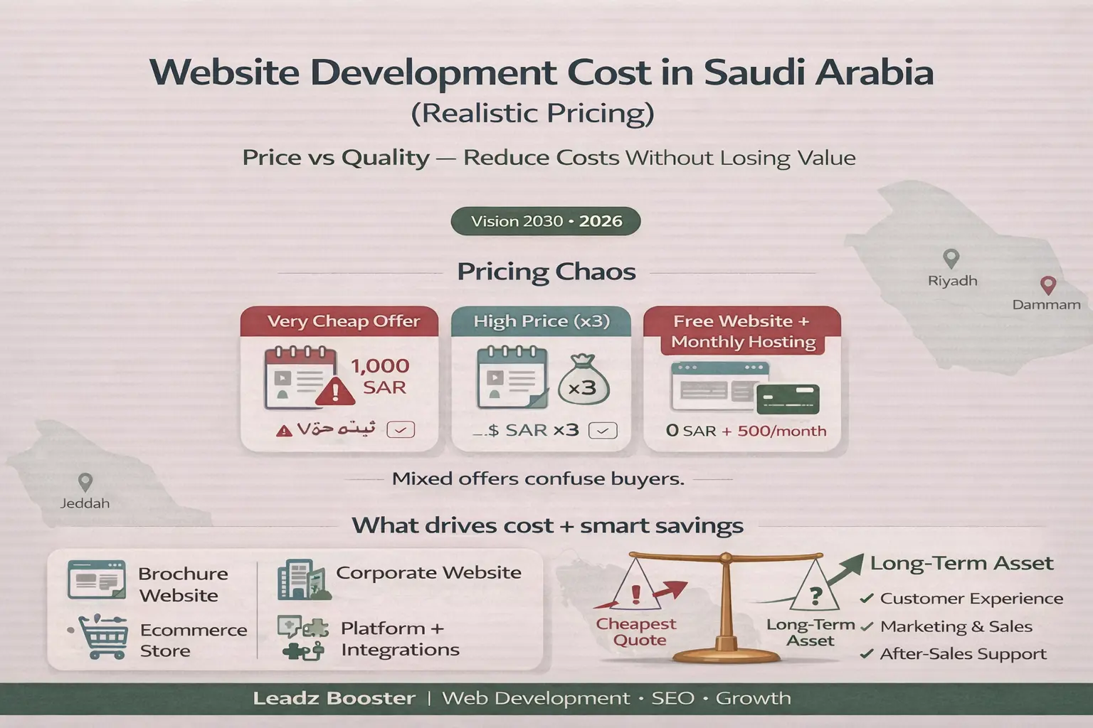 إنفوجراف يوضح تكلفة تطوير موقع إلكتروني في السعودية: فوضى الأسعار، أنواع المواقع، عوامل التكلفة، ونصائح لتقليل المصروف بدون خسارة الجودة (2026).