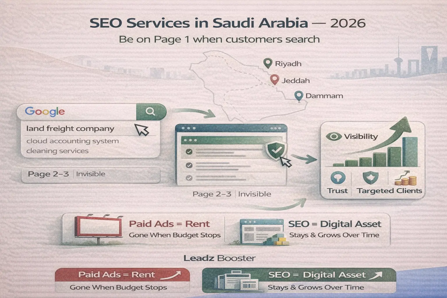 إنفوجرافيك عن خدمات تحسين محركات البحث في السعودية يوضح بحث جوجل والانتقال للصفحة الأولى مع مؤشرات الرياض وجدة والدمام ومخطط نمو الظهور.