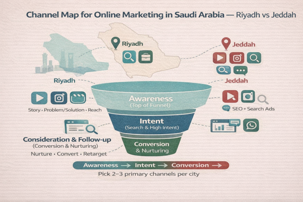 Online Marketing Service infographic: channel map for Riyadh vs Jeddah across Awareness, Intent (SEO + Search Ads), and Conversion & Nurturing.