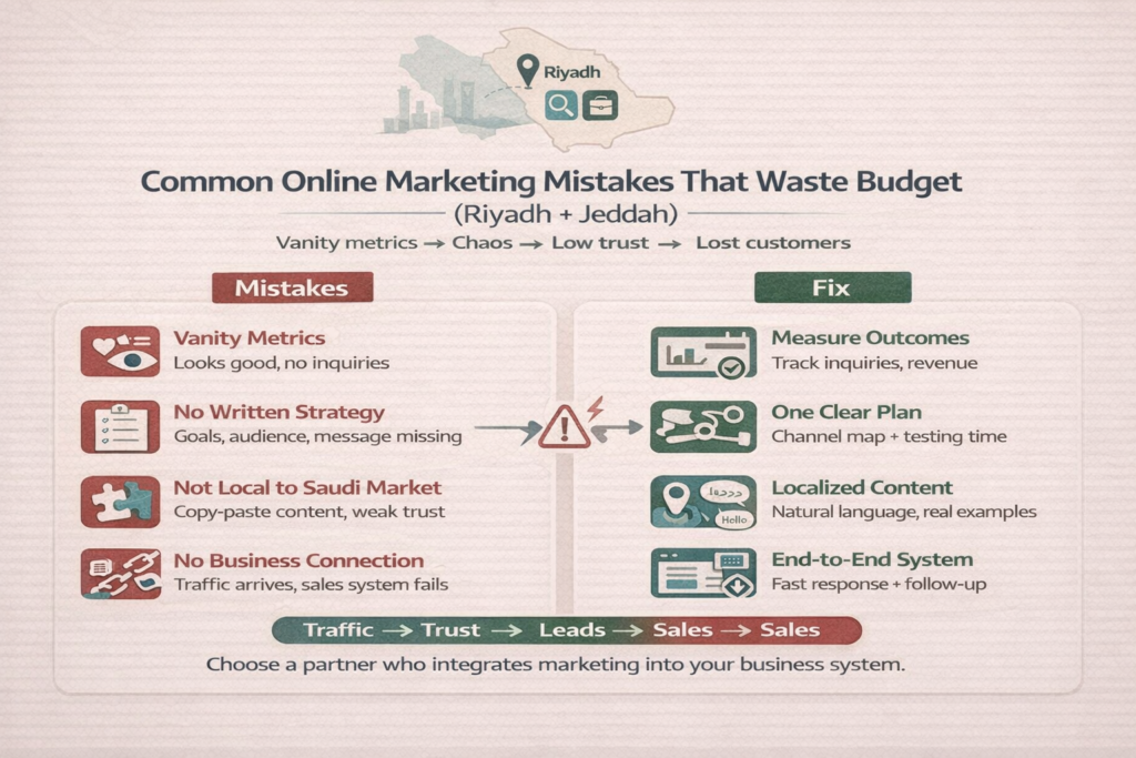 Online Marketing Service infographic showing budget-wasting mistakes in Riyadh & Jeddah: vanity metrics, no strategy, poor localization, and broken follow-up.