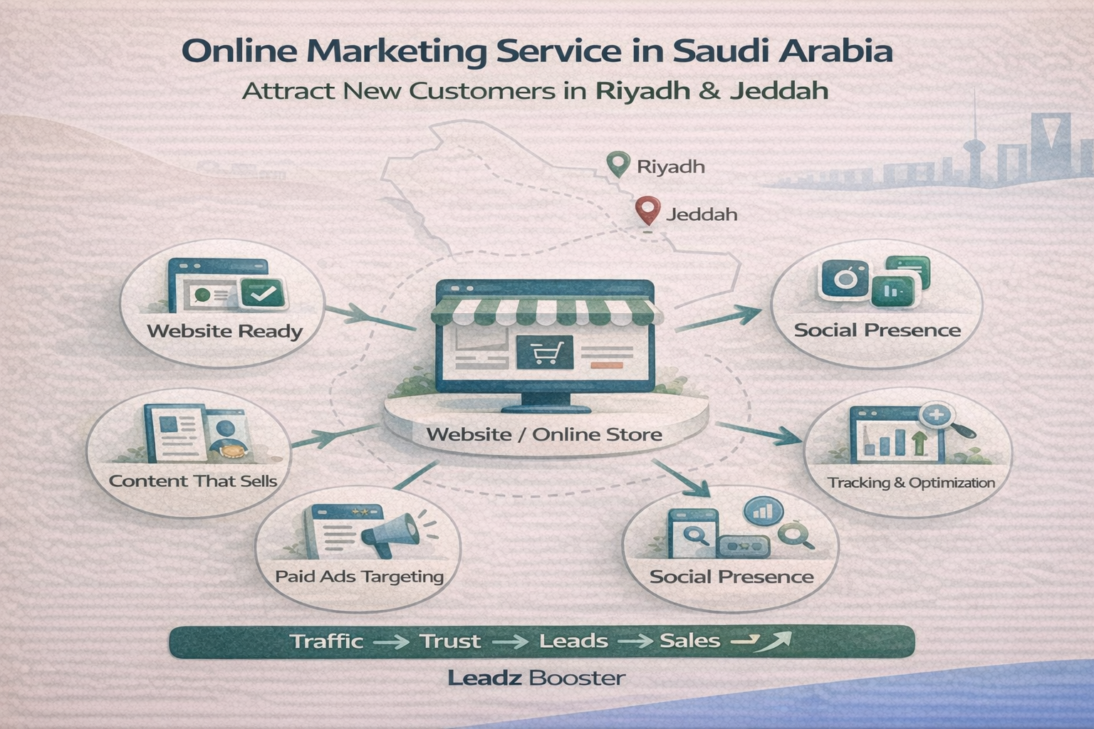 إنفوجرافيك خدمة التسويق عبر الإنترنت في السعودية لجذب عملاء في الرياض وجدة عبر موقع جاهز، محتوى يبيع، إعلانات مدفوعة، حضور اجتماعي، وتتبع وتحسين.
