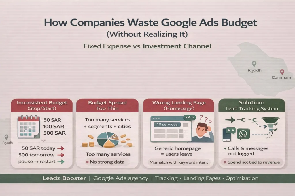 Google Ads agency infographic showing budget waste: stop/start spending, budget spread too thin, wrong landing page (homepage), and no lead tracking—Saudi Arabia.