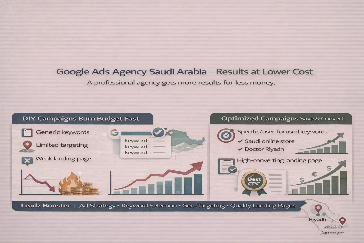 إنفوجراف يوضح كيف تساعد شركة اعلانات جوجل في السعودية على تقليل التكلفة وزيادة النتائج مقارنة بحملات DIY التي تهدر الميزانية.