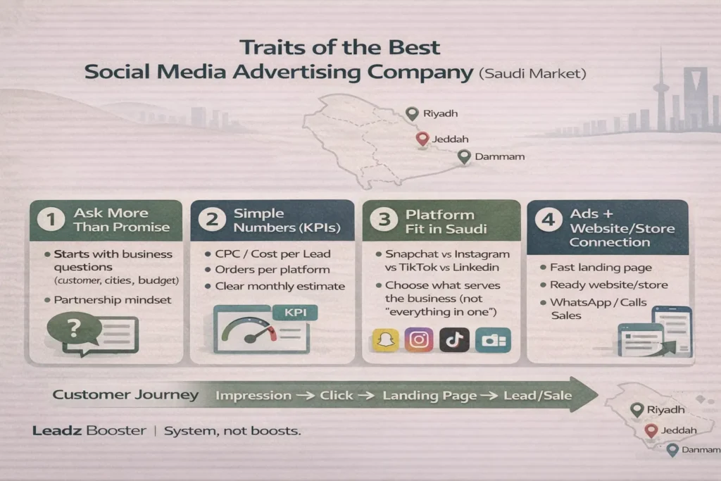 Infographic showing traits of the best Social Media Advertising Company in Saudi Arabia: asks smart questions, tracks KPIs, chooses platforms, connects ads to website/store.