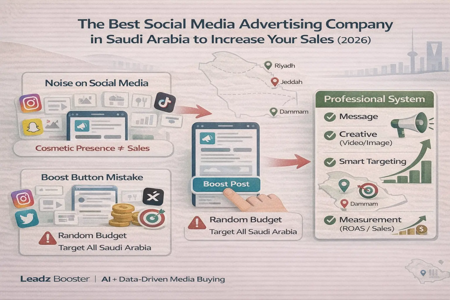 إنفوجرافيك يوضح فرق شركة اعلانات سوشيال ميديا: زر Boost العشوائي مقابل نظام احترافي (رسالة+تصميم+استهداف+قياس ROAS) بالسعودية.