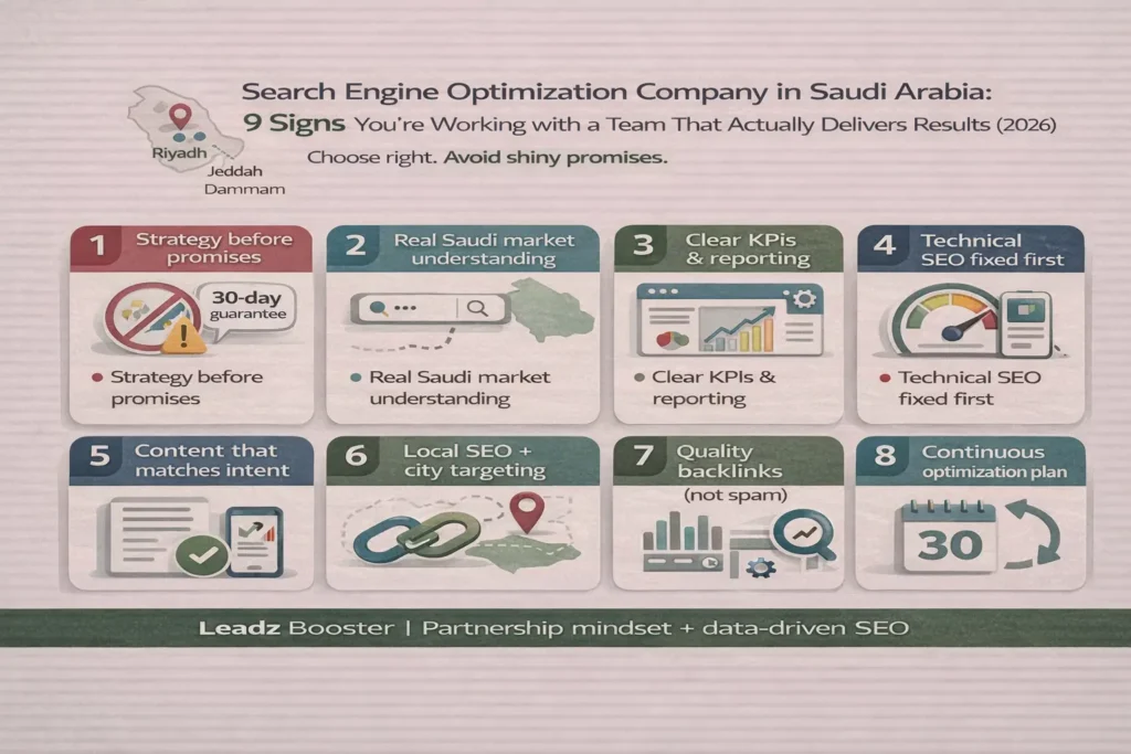 إنفوجرافيك يوضح 9 علامات لاختيار شركة تحسين محركات البحث في السعودية: استراتيجية، KPIs، إصلاح تقني، محتوى بنية بحث، SEO محلي، روابط عالية الجودة.