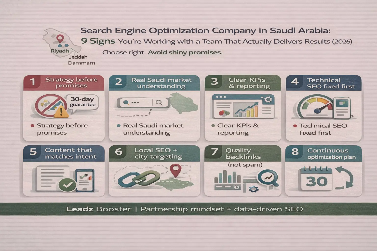 إنفوجرافيك يوضح 9 علامات لاختيار شركة تحسين محركات البحث في السعودية: استراتيجية، KPIs، إصلاح تقني، محتوى بنية بحث، SEO محلي، روابط عالية الجودة.