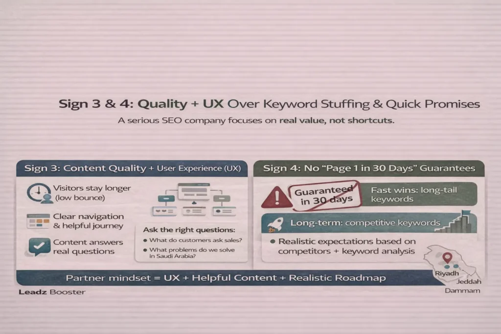 Infographic on Search Engine Optimization Company signs 3 & 4: content quality + UX over keyword stuffing and fast promises in Saudi Arabia.