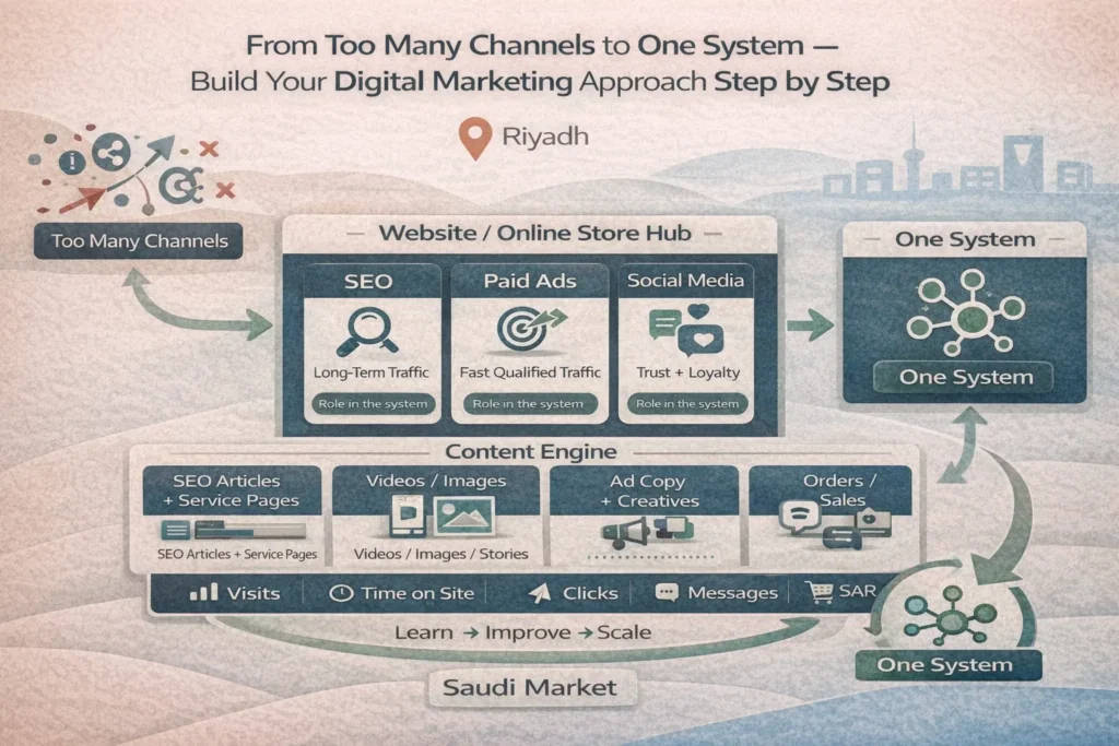 Digital Marketing Method step-by-step: turn too many channels into one system with a website hub, SEO, paid ads, social media, content, and optimization.