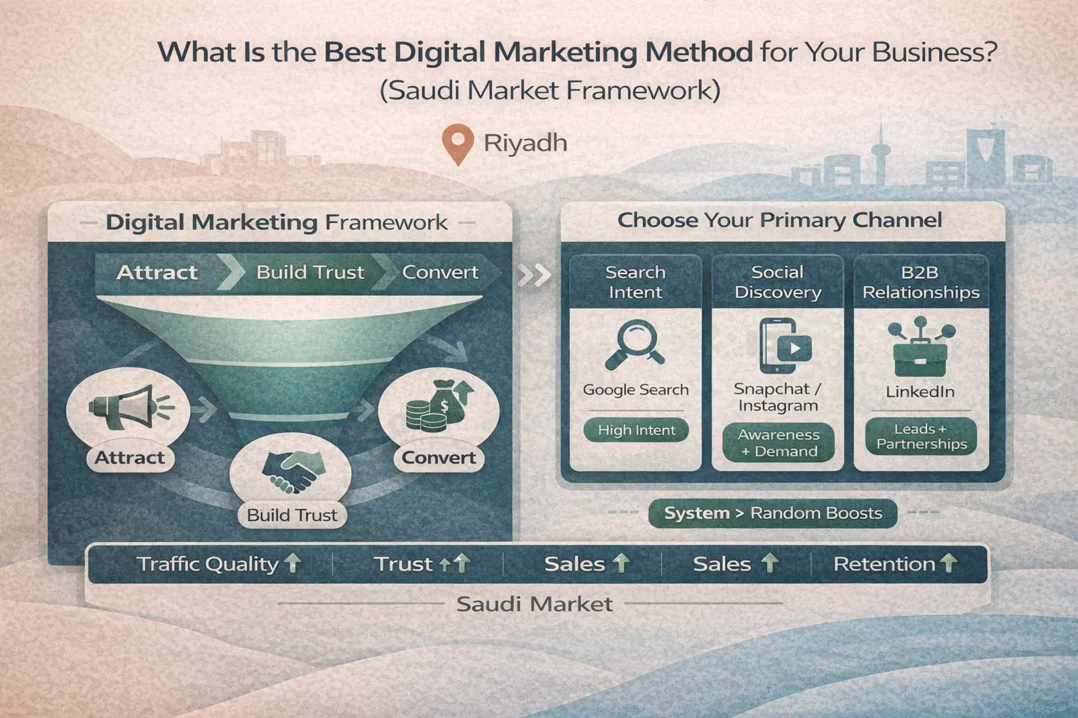 أفضل طريقة التسويق الالكتروني في السعودية: اجذب العملاء، ابنِ الثقة، ثم حوّل الزيارات إلى مبيعات عبر اختيار القناة المناسبة (بحث جوجل/السوشيال/لينكدإن).